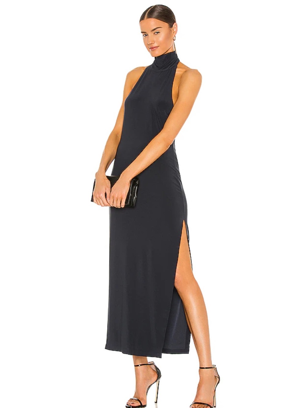 Norma Kamali Black Halter Maxi Dress with Side Slit